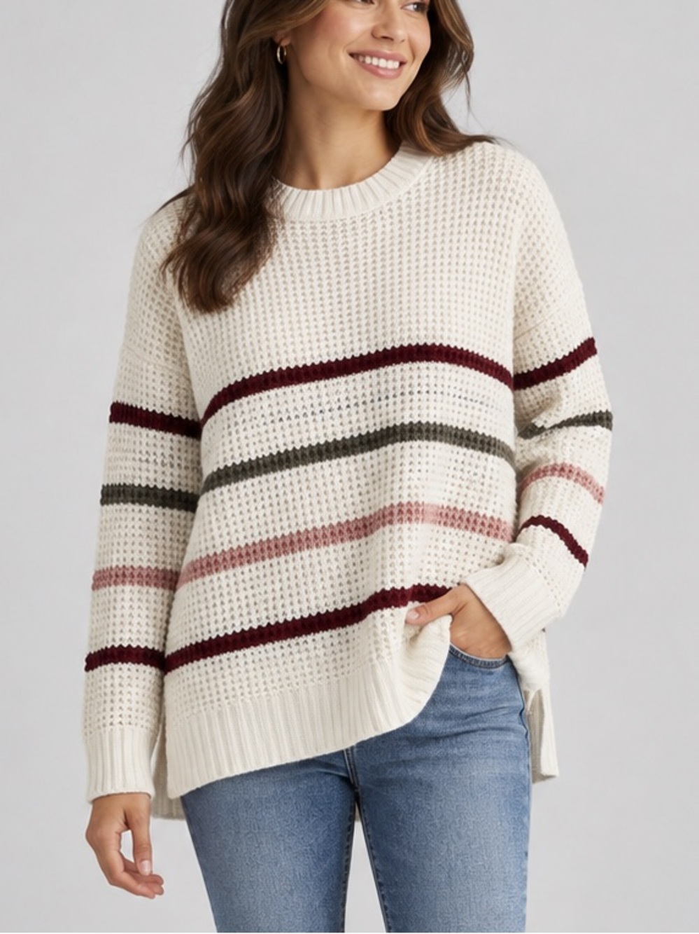 SO Cream Multicolor Striped Waffle Knit Sweater Oversized Relaxed Sz Large